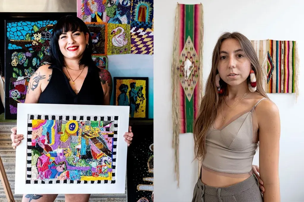 In a composite image, Bianca Velasquez holds an example of her beadwork and Kelly Tapìa-Chuning stands in front of her woven blankets.