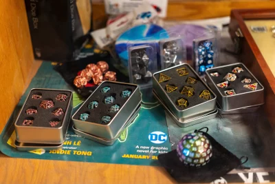 Multiple sets of many-sided dice at Dragon's Keep.