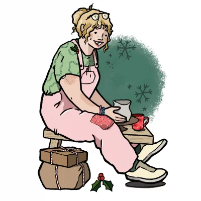 Illustration of an artist at a pottery wheel. Illustration: Brighton Metz
