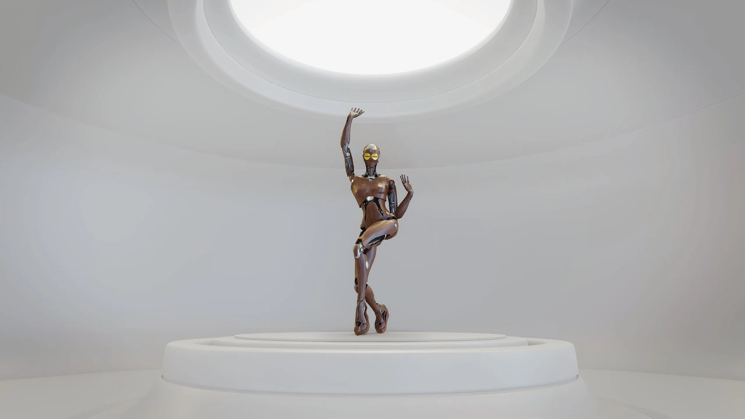 An avatar of a slender wooden encased robot poses, as if voguing, on a white platform in a white room.