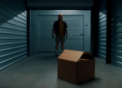 A man stands in a dark, empty storage unit behind a cardboard box.