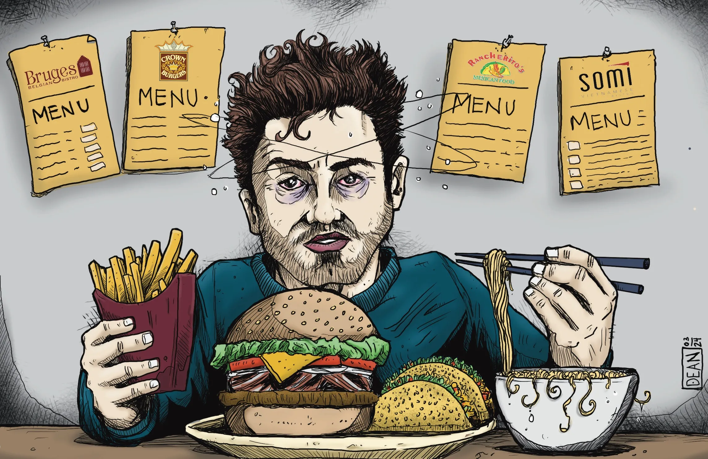 A cartoon of a man holding fries in his right hand hand and chopsticks holding noodles in his left. He sits in front of a plate of tacos and a burger.