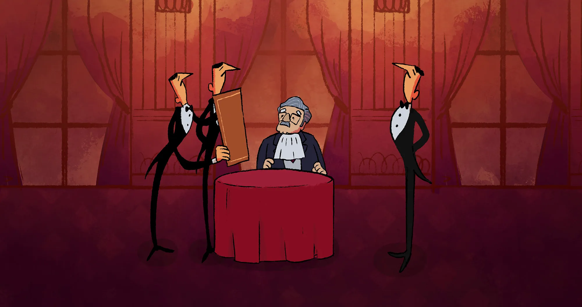 Animated photo of a man sitting at a table with waiters standing around him.