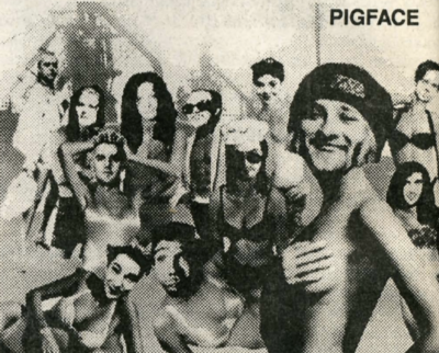 Many male faces superimposed on random women's bodies. In the top right corner in black text the bands name, Pigface, appears. 