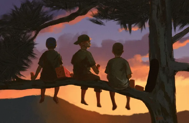 An illustration of three teen boys sitting in a pine tree, they watch the a sunset.