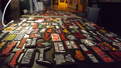 Patches spread out over a table.