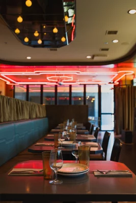 The interior dining space of Salt Lake City Italian restaurant Cosmica.