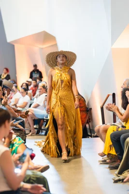 Designer Roquin-Jon Quichocho Siongco showcased delicately woven organic materials inspired by his Guam heritage. Photo: Logan Sorenson