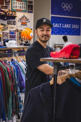 Alan Bostrom inside his vintage streetwear store in Provo, Utah.