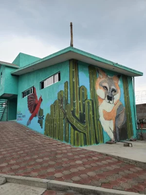 A mixed media mural designed by Beto Conejo seen on a small building in Mexico.