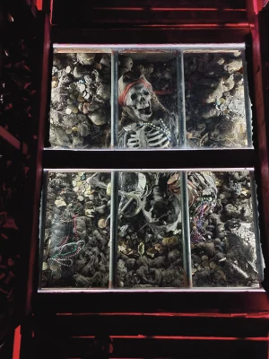 A skeleton pirate buried with their treasure in a haunted house, created by Rocky Mountain Haunters.