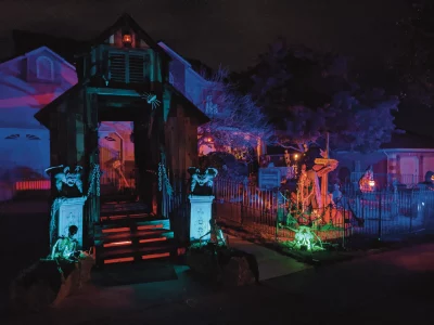 The exterior entrance to a haunted house.
