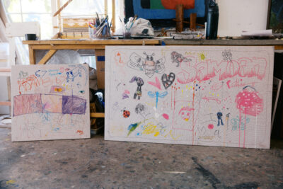 Panels of kids' drawings for the gallery Alba curated