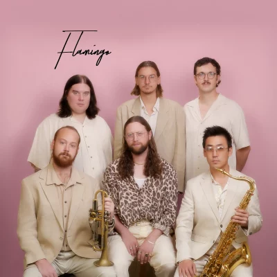 Members of Flamingo posed against a pink background.