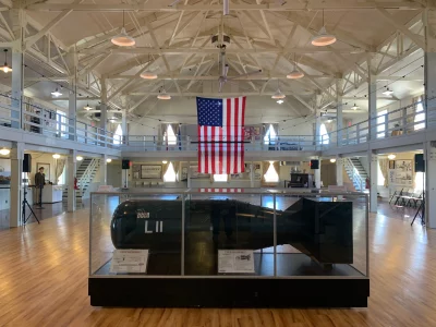 The inside of the Historic Wendover Airfield with a nuclear bomb in the center.