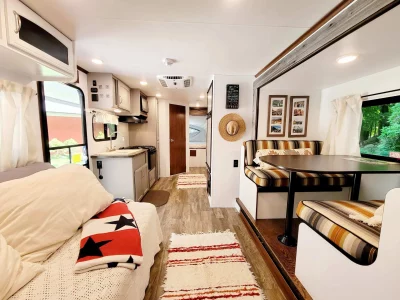 The interior of a camper.