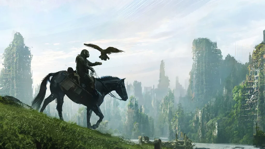 In the foreground an ape sits on a saddled horse overlooking a desolate city in the background. A bird hovers over it.