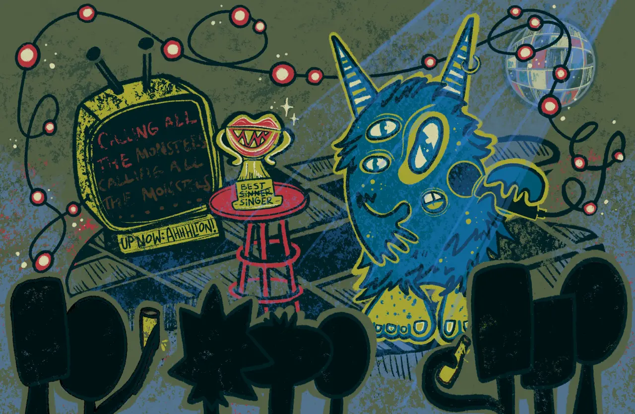 Illustration of monsters musically mashing karaoke to a monster crowd.