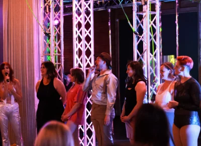 (L-R) Mel Heins, Ann Crowther, Wren Amelia, Justin/Baby J, Lovely Lorinda, Ky/Mirage, Nik/Haedrix ending the night with a bow and a thank you to the audience.