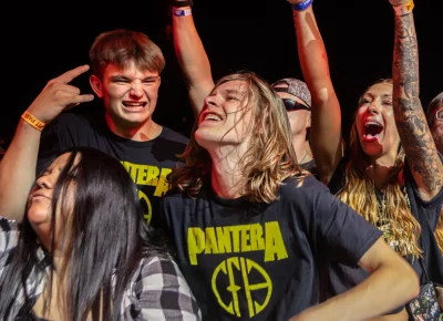Front row fans at Pantera rocking out.