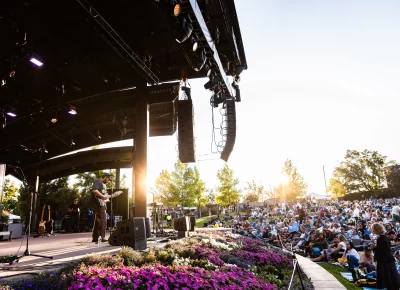 Bartees Strange plays on stage at the Red Butte Garden Amphitheatre during an opening set at the OK Go show in Salt Lake City, UT.