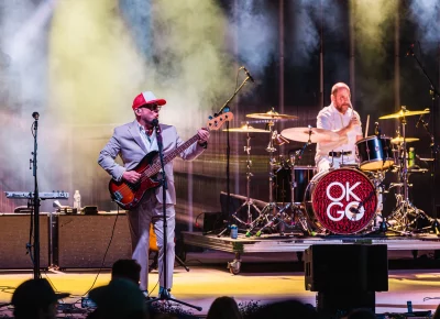 Bassist Tim Nordwind (left) and Drummer Dan Konopka (right) of OK Go on stage in Salt Lake City, UT.