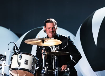 Drummer Christian Grahn on stage playing with The Hives at the Union Event Center, Salt Lake City UT.