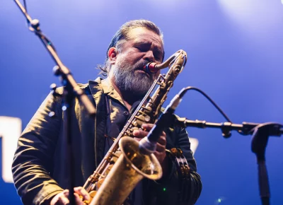 Cochemea Gastelum, the saxophone player for Kevin Morby, playing on stage during the opening set for Lord Huron at the UCCU Center in Orem, UT.