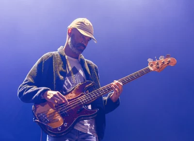 Bassist for Kevin Morby playing on stage at the UCCU Center in Orem, UT.