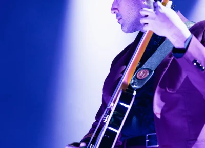 Miguel Briseño, bassist for Lord Huron on stage at the UCCU Center in Orem UT during their live show for the Cosmic Selector Tour.