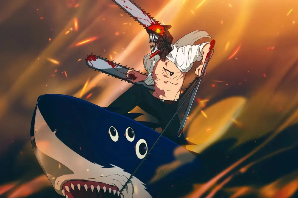 A man with chainsaw for a head and arms, riding a shark.