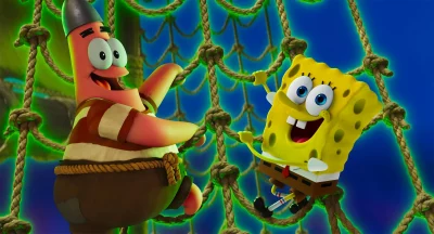 Patrick and SpongeBob climb ropes on a pirate ship in the SpongeBob movie