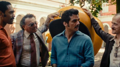 Four guys standing round a payphone.