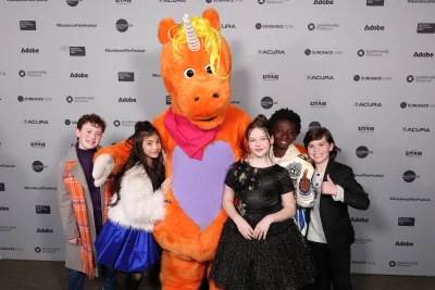 Delaney Quinn, Tristan Borders, Madison Skyy Polan, Caleb “CJ” Williams and Luke Speakman attend the premiere of Buddy by Casper Kelly, an official selection of the 2026 Sundance Film Festival. © 2026 Sundance Institute | photo by Stephen Speckman.