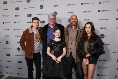 Casper Kelly, Cristin Milioti, Delaney Quinn, Topher Grace, and Keegan-Michael Key attend the premiere of Buddy by Casper Kelly, an official selection of the 2026 Sundance Film Festival. © 2026 Sundance Institute | photo by Stephen Speckman.