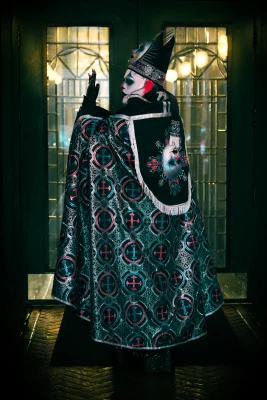 PJ Stinson also known as Daddy the Clown wearing full horror makeup and costume, including a long, ornate cape.