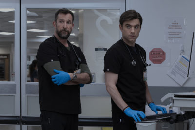 Robby and team prep Debbie, she gets a call from work. Robby stands up for her. Photo courtesy of HBOMAX.