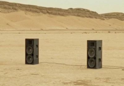 Speakers in the desert in Sirāt by Oliver Laxe