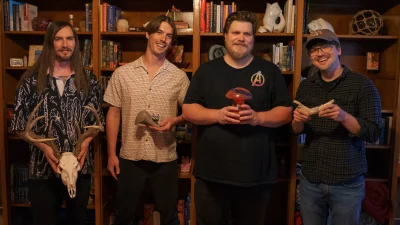 The band Modern Speed holding random items.