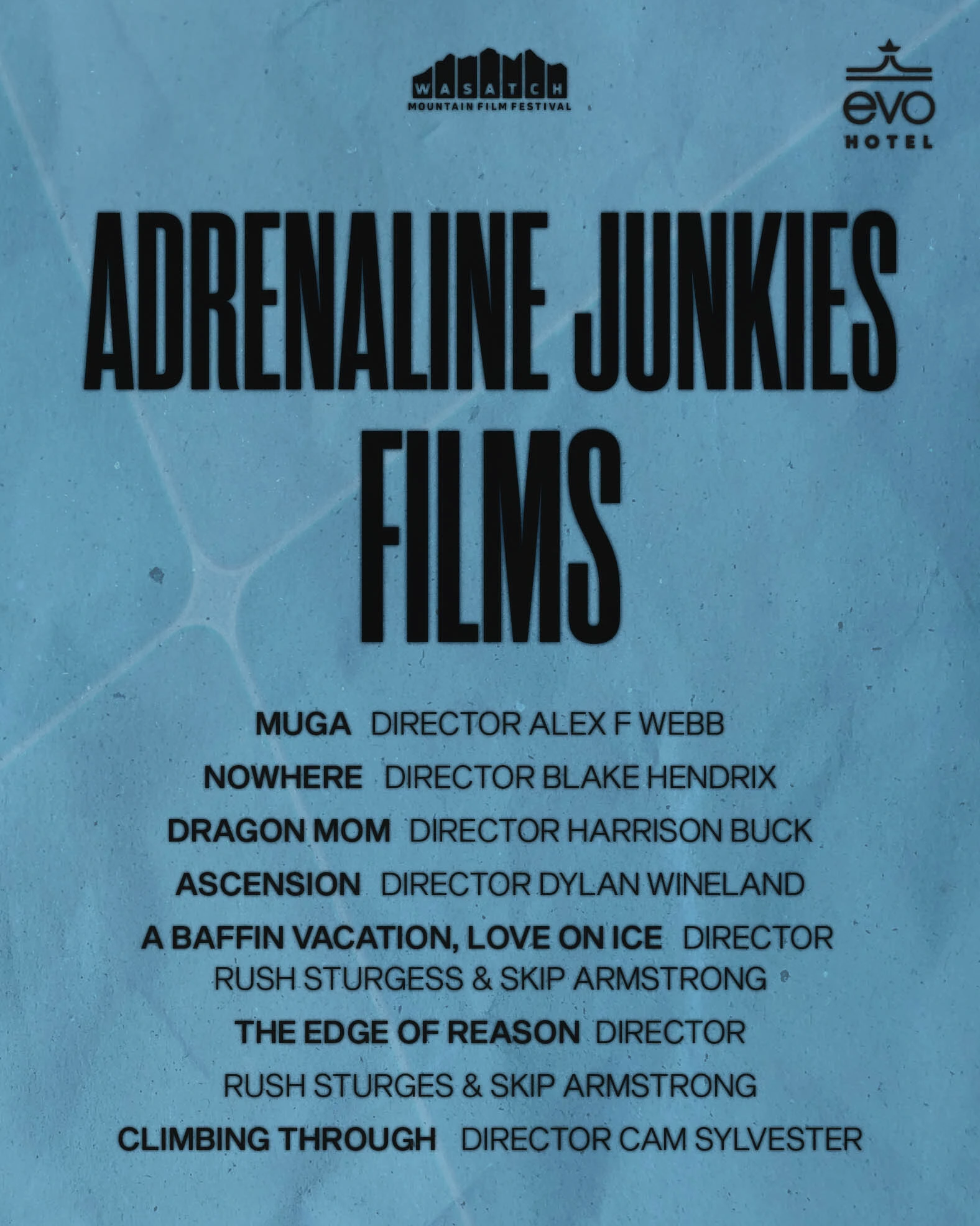 Wasatch Mountain Film Festival post listing films and directors in the "Adrenaline Junkies: Action Sports Film Block"