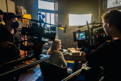 Cast and crew film a really intense scene.