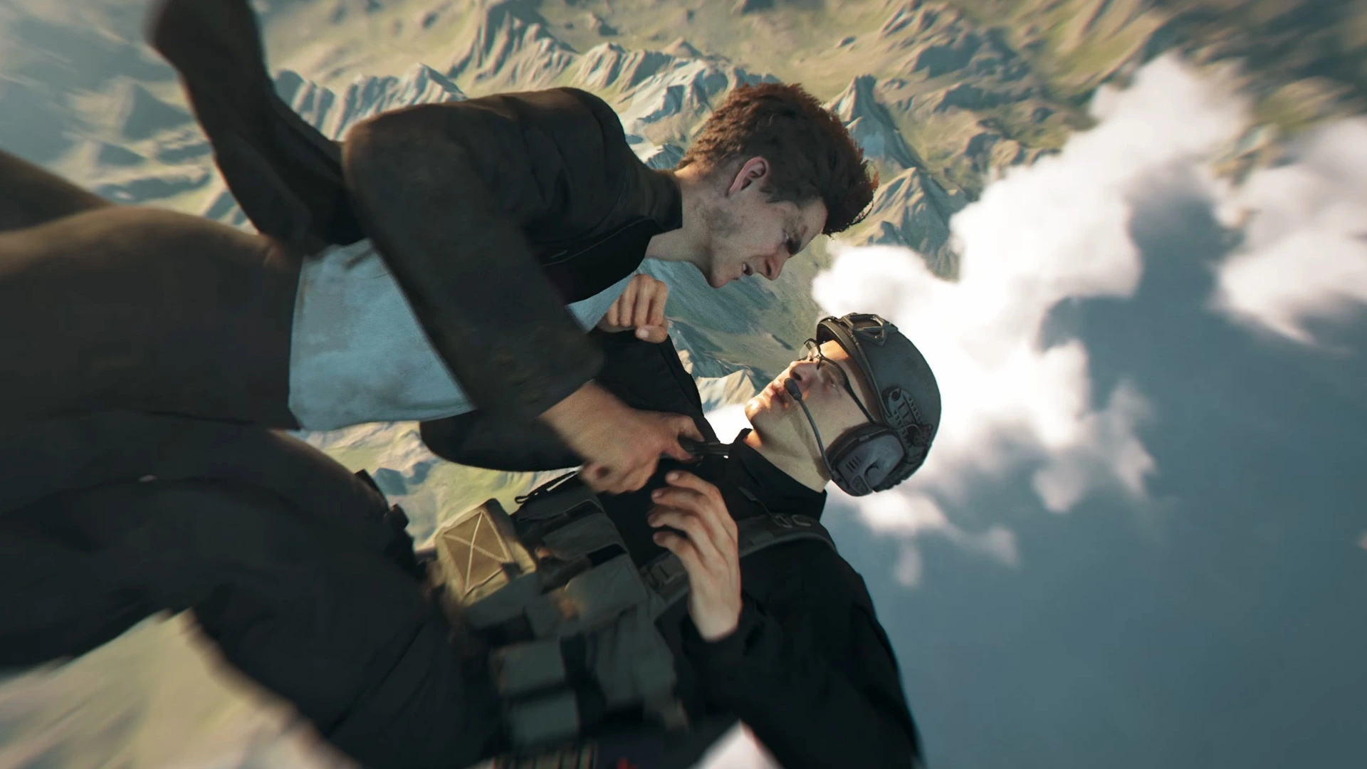 A cutscene from 007 : First Light showing two men tussling during in-air combat.