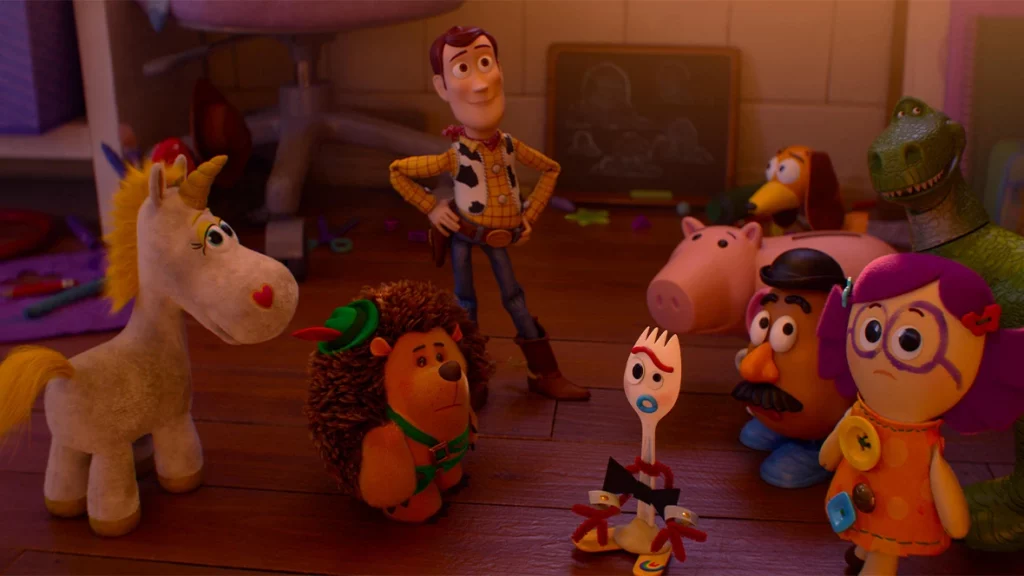 A scene from Toy Story 5. An array of toys looking up.