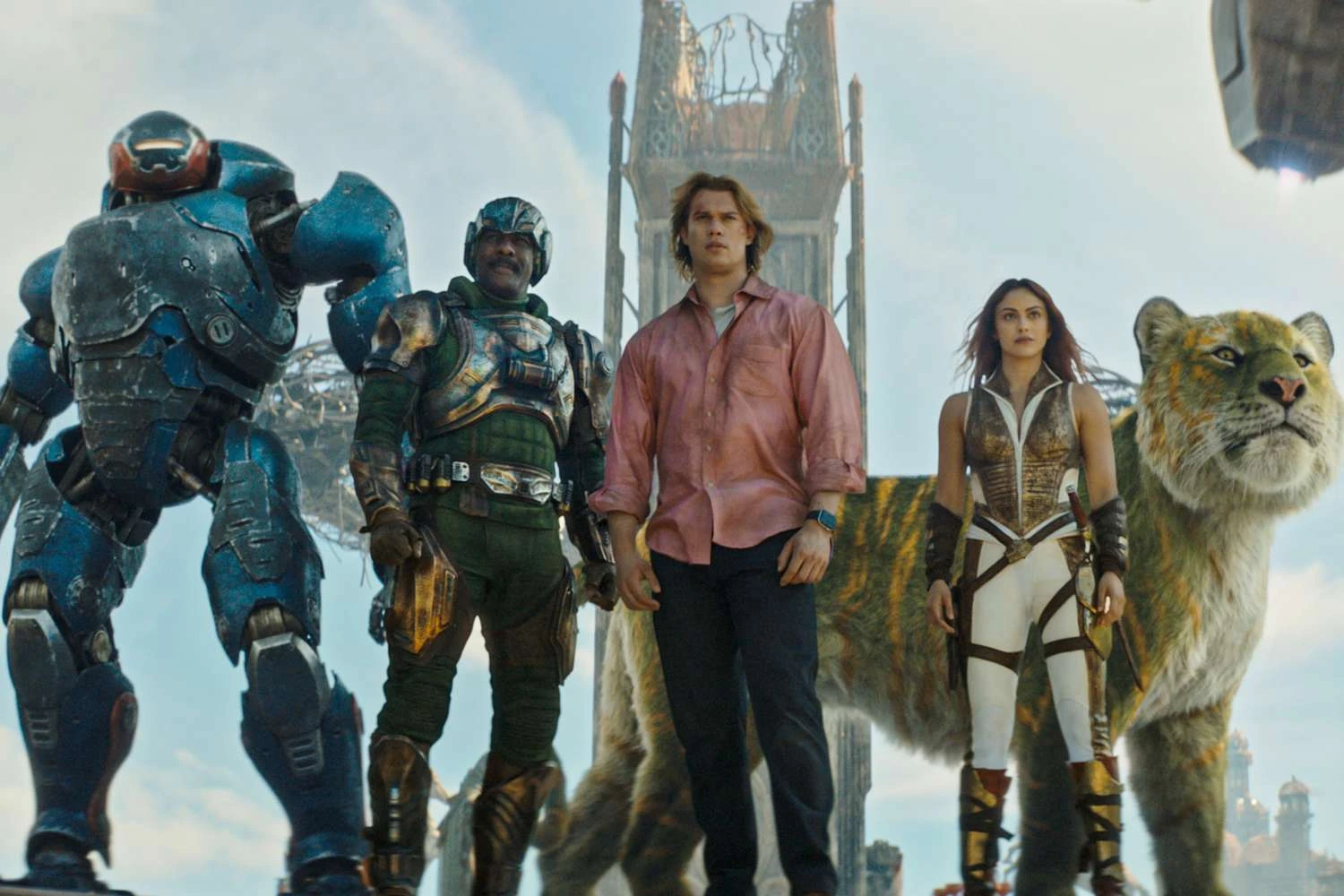 Two men, a woman, a robot and a green tiger standing in a heroic position.