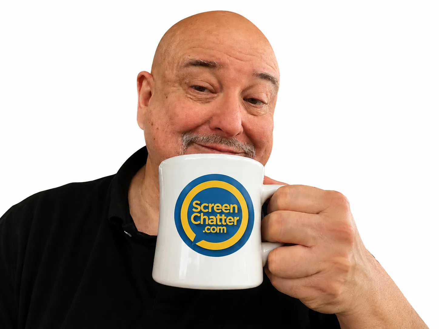 Tony Toscano in front of white background holding a coffee mug.