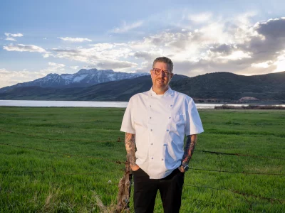 Chef Fretz of Montblu standing in a field