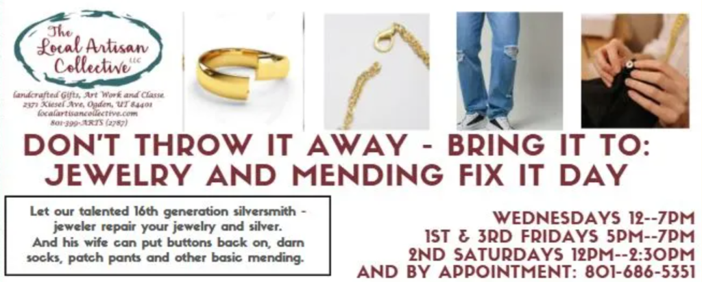 Fix It Day Jewelry and Clothing Mending Repairs Done By 16th Generation Silversmith Rene and his wife Jenny, Every 3rd Friday, 5pm–7pm (with Rene and Jenny at Rene’s desk, Prices Vary)